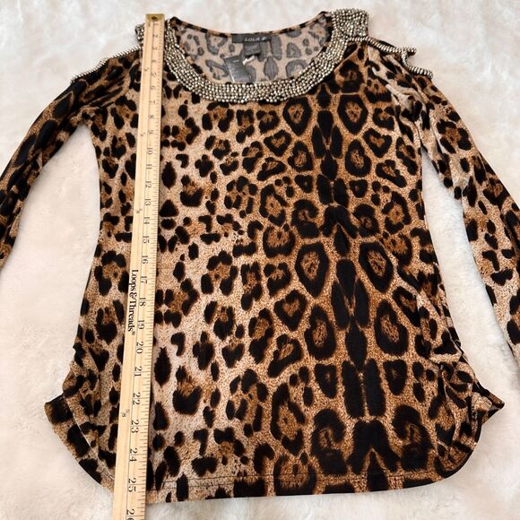 Cheetah Print Cold Shoulder Blouse Womens Large Lola B Silver Beaded Top‎ New - Picture 12 of 12